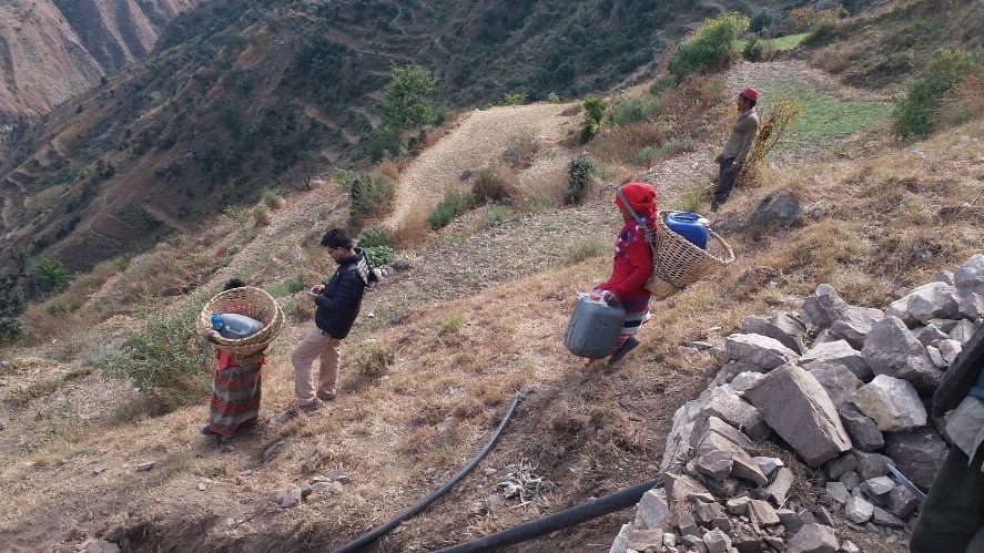 People supplying water for the construction on water supply structure