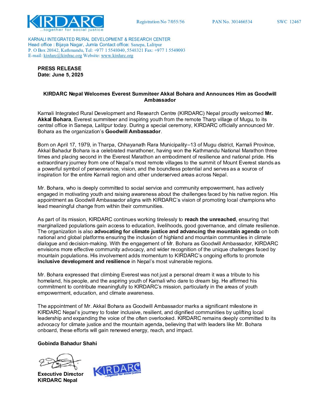 PRESS RELEASE : KIRDARC Nepal Welcomes Everest Summiteer Akkal Bohara and Announces Him as Goodwill Ambassador
